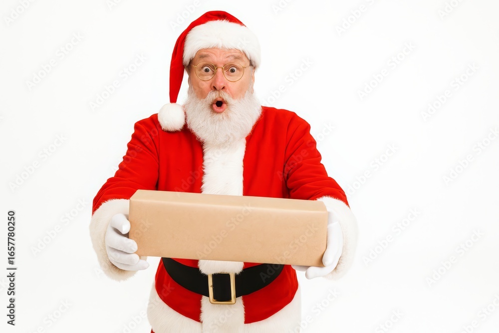 Naklejka premium Santa Claus with wide expression and gift box – perfect for Christmas sale and festive mockups, New Year clearance sale campaign