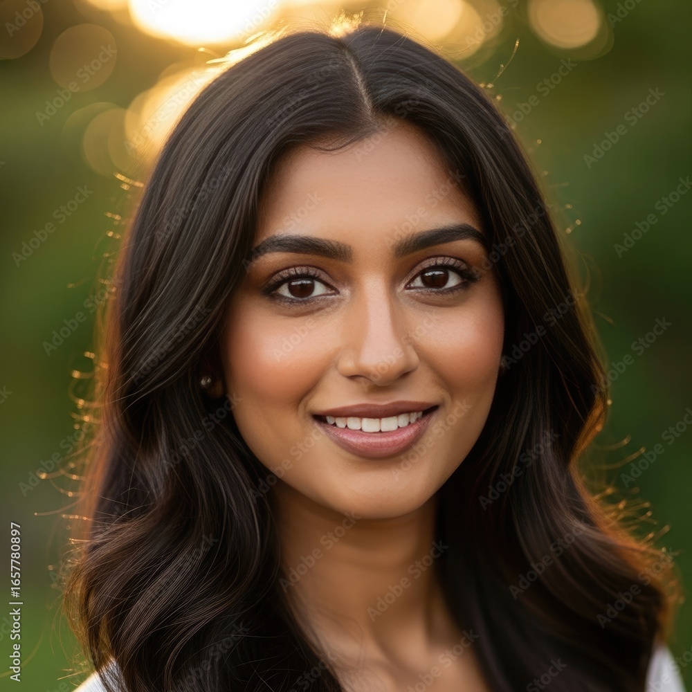 Fototapeta premium Smiling young woman with dark hair in natural sunlight