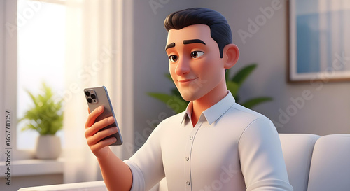 3D cartoon formal man sitting on chair at minimalist house using smartphone