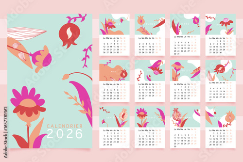 2026 calendrier mois pas mois, en français, cartes a imprimer, motifs fleurs abstrait, ton rose printemps
