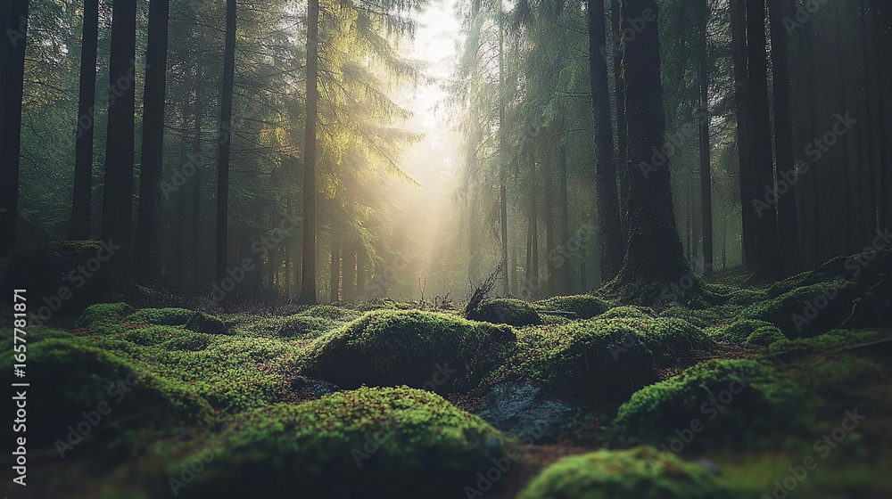 Naklejka premium Mossy Forest with Sunlight Beams. Mystical Nature Scene