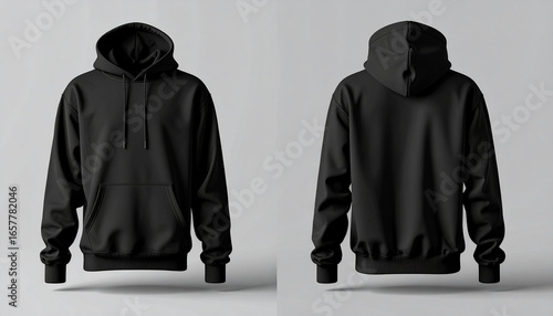 Front and back view of a plain black hoodie with a hood and long sleeves.