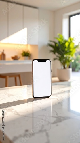 Smartphone on marble kitchen counter