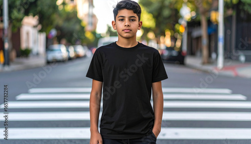 A young boy stands confidently in the middle of a crosswalk on a city street.
