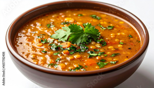 A close-up shot of a bowl filled with a vibrant and flavorful lentil soup, garnished with fresh herbs.