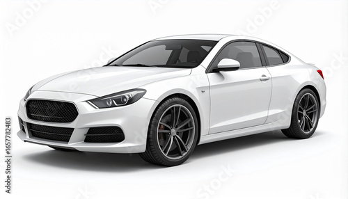 White coupe car with black rims parked on a white background, side view.