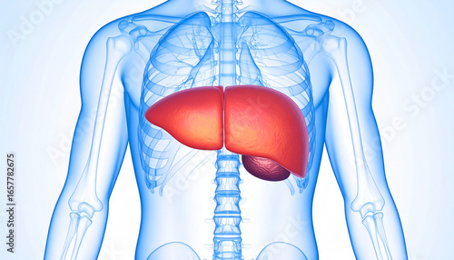 Anatomical illustration of the human torso, highlighting the liver and gallbladder within the body.