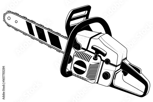 Detailed chainsaw illustration in black and white depicting a powerful tool for cutting and felling trees showing its design and functionality