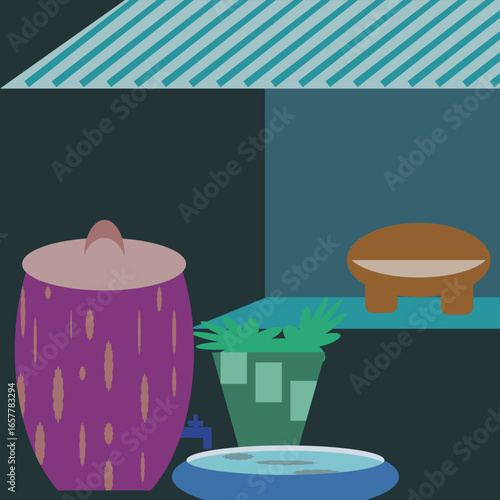 Traditional Thai water jar with basin and plants in a rural setting. Symbol of heritage and cultural lifestyle in Southeast Asia.
