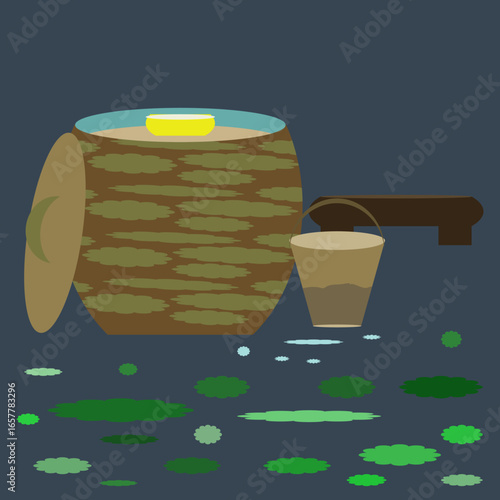Thai rural water jar with dipper and bucket illustration, symbolizing daily lifestyle and cultural pottery heritage.