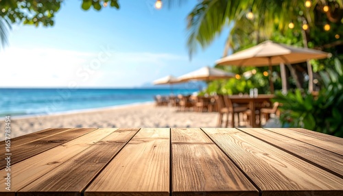Wooden table on a tropical beach