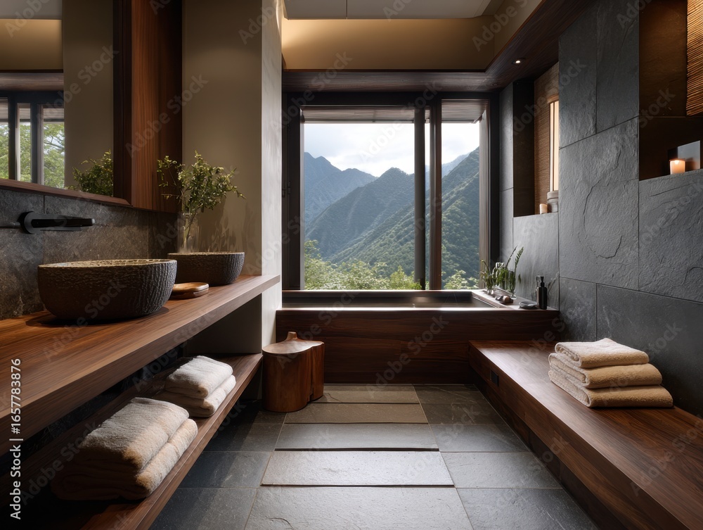 Obraz premium A bathroom with a large window overlooking mountains. There is a sink, a bathtub, and a bench. The bench is covered with towels