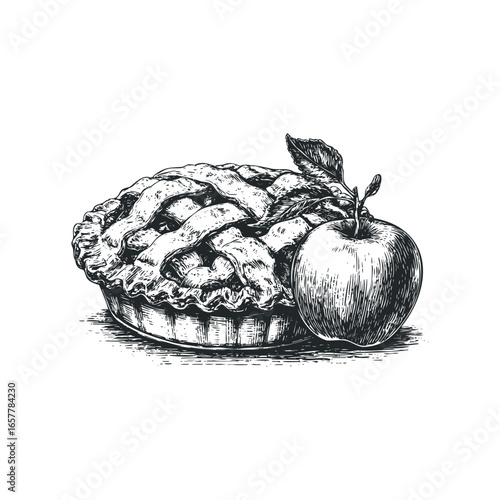 Hand Drawn Black and White Apple Pie with Fresh Apple Illustration