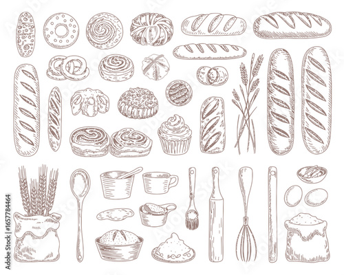 Collection of hand drawn bakery goods and baking utensils