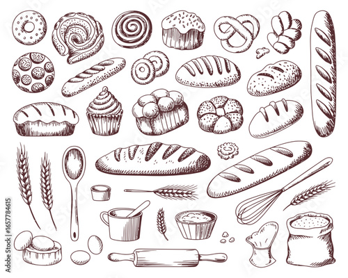 Hand drawn bakery collection with bread pastries and baking tools