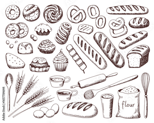 Variety of baked goods and baking utensils hand drawn sketch
