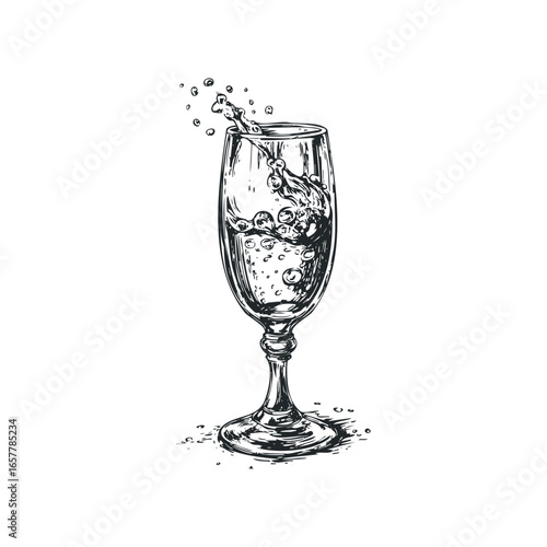 Sparkling Champagne Glass With Splash and Bubbles