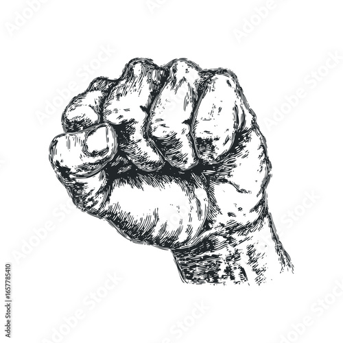 Fist clenched in protest and power, black ink drawing