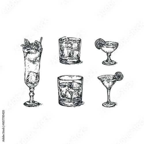 Sketch of assorted alcoholic beverages with ice and garnishes
