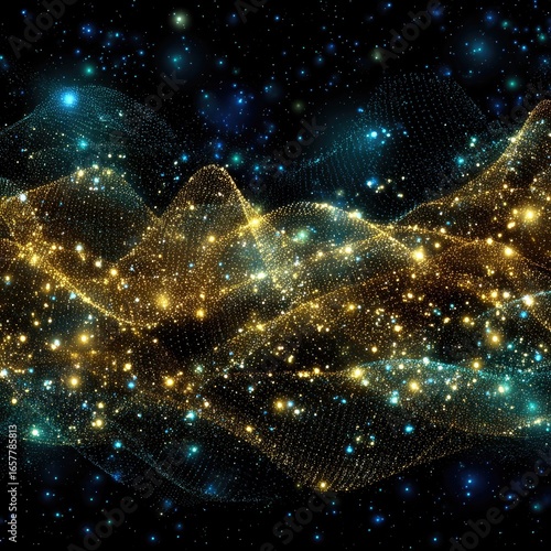 Cosmic, glowing waves of gold and teal light against a starry night