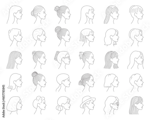 Collection of diverse female profile illustrations with various hairstyles