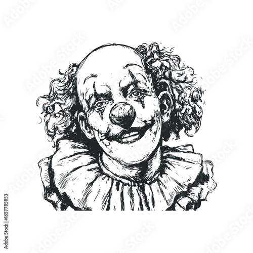 Sketched Portrait of a Creepy Clown with Curly Hair and Red Nose
