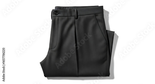 Neatly folded dark gray dress pants, pleated front, flat lay.