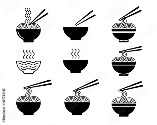 Noodle bowl icons with chopsticks and steam