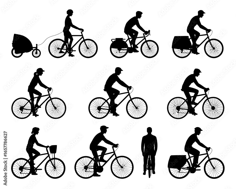 Obraz premium Diverse cyclists silhouettes with various bicycle styles and accessories