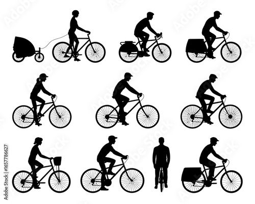 Diverse cyclists silhouettes with various bicycle styles and accessories