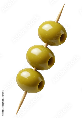 Three green pitted olives skewered on a wooden toothpick against a transparent background