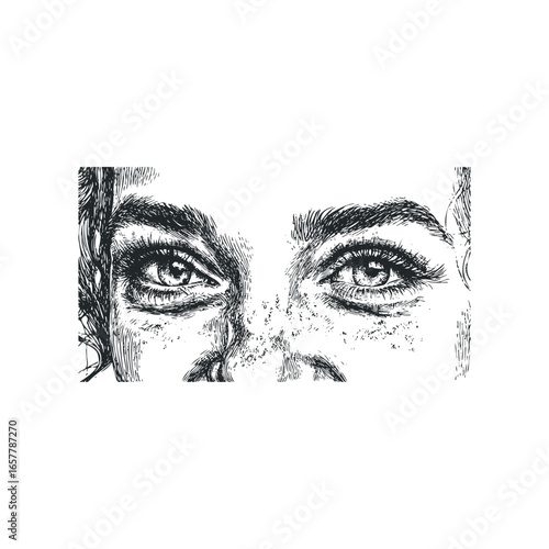 Close-up hand-drawn sketch of a woman's expressive eyes and freckled nose