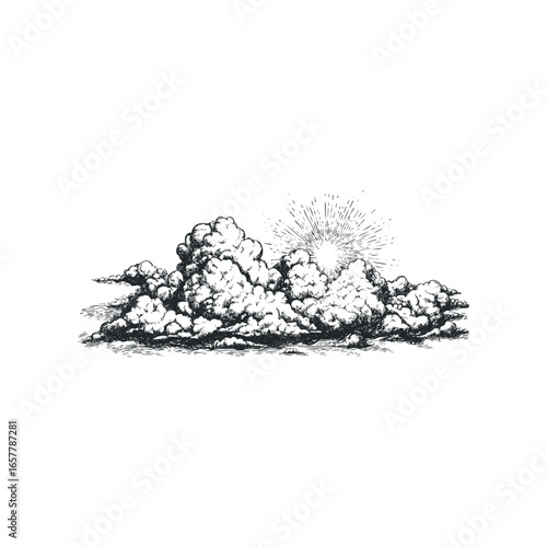 Skyscape with Cumulus Clouds and Radiant Sunburst in Ink Style