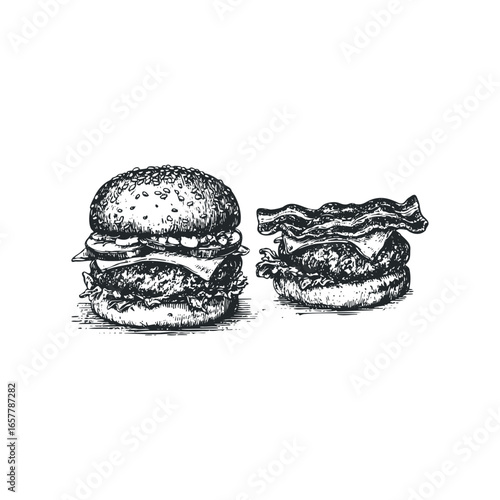 Hand Drawn Sketch of Gourmet Hamburgers with Bacon and Fresh Ingredients