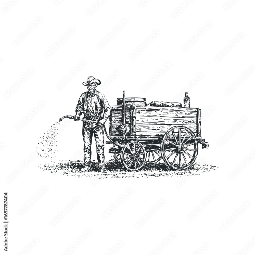 Obraz premium Vintage man with hose sprays water from wagon
