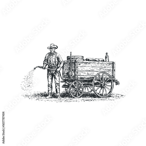 Vintage man with hose sprays water from wagon