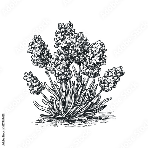 Detailed black and white sketch of a lavender plant with blooming flower spikes and leaves