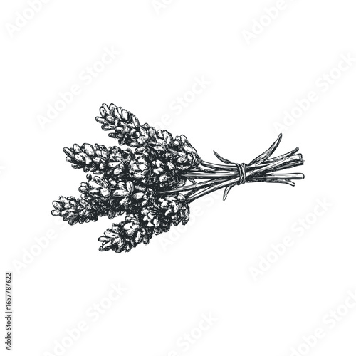 Hand drawn bunch of lavender flowers with stems tied together