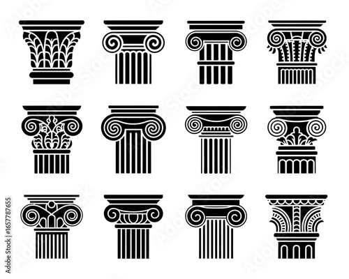 Collection of classical ionic and corinthian column capitals