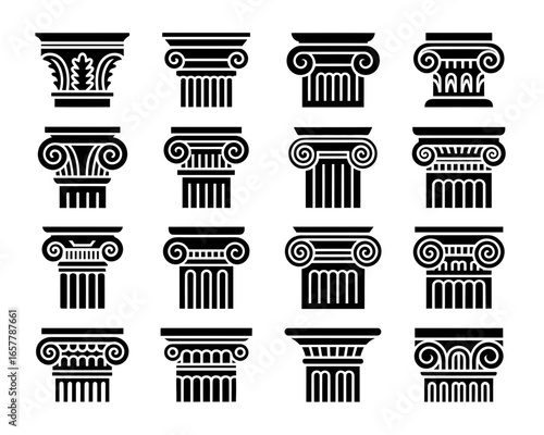 Collection of black and white ionic and corinthian column capitals