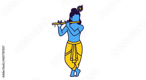 Simple Line Illustration of Lord Krishna Playing Flute Religious Icon