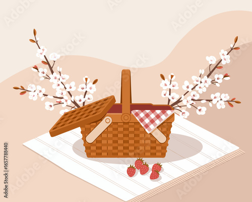 Picnic basket with strawberries and flowering branches on a blanket perfect for a spring outing in the countryside enjoying nature