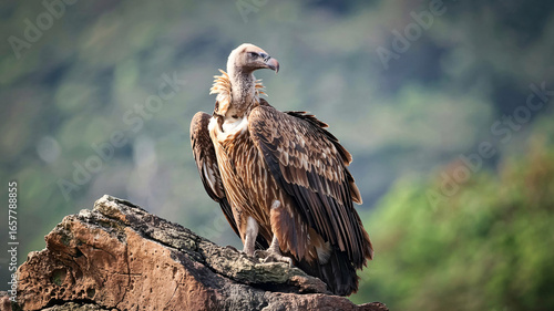 Majestic vulture perched on rock, surveying the landscape with intense focus and power