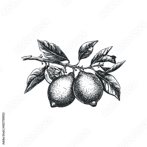 Vintage Botanical Drawing of Two Lemons on a Branch with Leaves