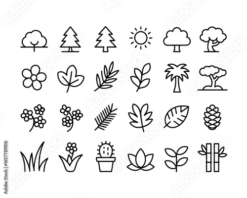 Collection of nature and plant icons in a simple line art style