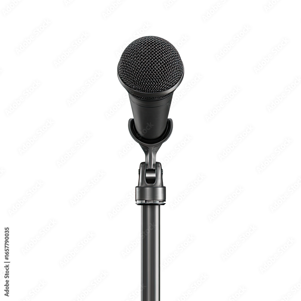 Obraz premium Close-up of a black microphone on a stand. Dark gray/black finish. The microphone's diaphragm is visible. A stand supports the mic, with adjustable features