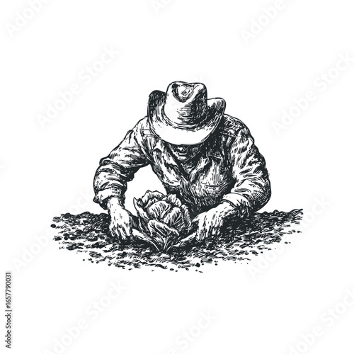 Farmer wearing hat harvesting cabbage from field in vintage sketch style