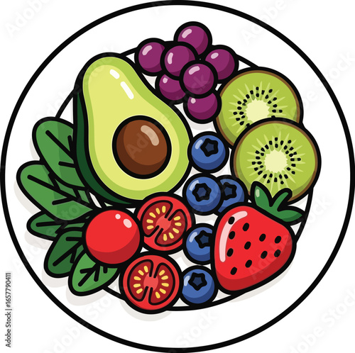 Vibrant fresh fruit and avocado salad plate for healthy eating