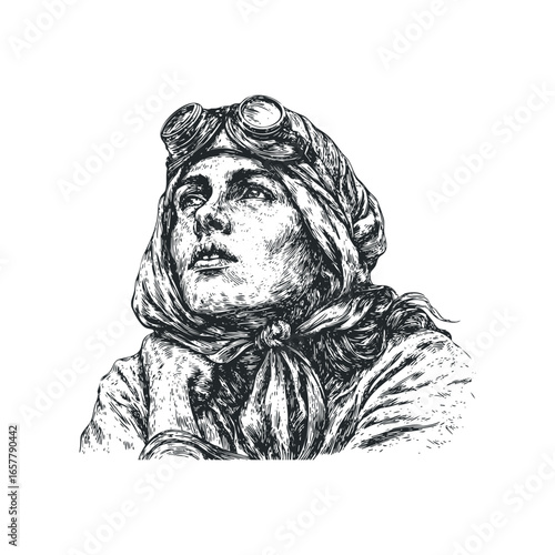 Young woman aviator with goggles and scarf gazes upward