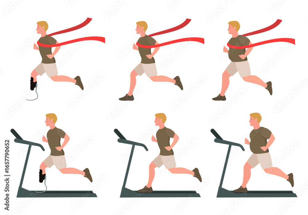 Obraz premium Man runner. Running man. Overweight man. Man with a prosthetic leg. Running on a treadmill. Flat style.